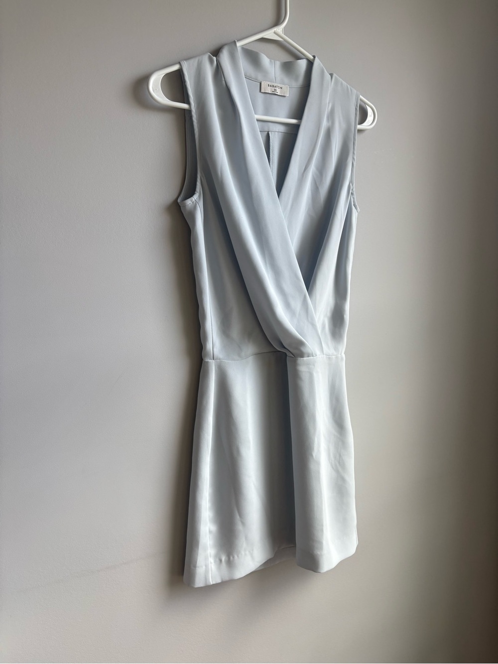 Babaton Light Blue Sleeveless Wrap-Style Mini Dress